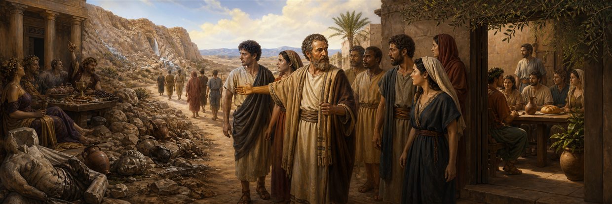 A wise elder guiding believers away from an idol feast toward a modest shared table
